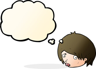 cartoon female face with raised eyebrow with thought bubble
