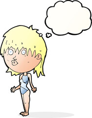 cartoon woman in swimsuit shrugging shoulders with thought bubble