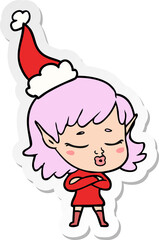 pretty sticker cartoon of a elf girl wearing santa hat