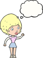 cartoon woman waving with thought bubble