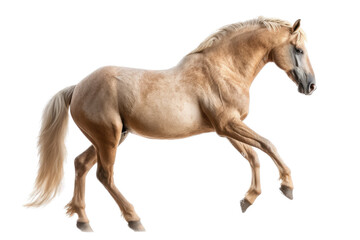 Fototapeta na wymiar an isolated palomino horse running, jumping, side view portrait, equestrian-themed photorealistic illustration on a transparent background cutout in PNG, Generative AI