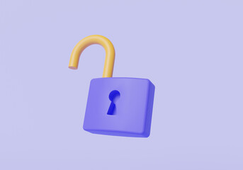 Unlocked padlock icon on pastel purple background. Safety, protection, Cyber unlock, encryption, open door purple lock, Private access. security concept. 3d render illustration. Cartoon minimal style