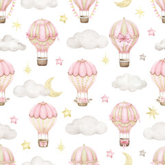 Pink hot air balloons seamless pattern. - 586672297