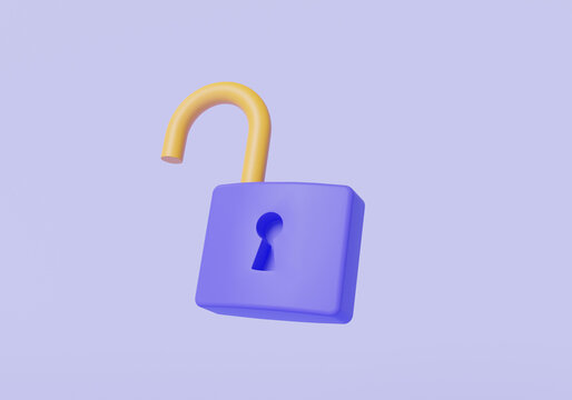 Unlocked padlock icon on pastel purple background. Safety, protection, Cyber unlock, encryption, open door purple lock, Private access. security concept. 3d render illustration. Cartoon minimal style