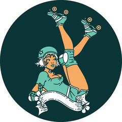 tattoo style icon of a pinup roller derby girl with banner