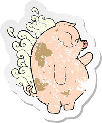 retro distressed sticker of a cartoon fat smelly pig