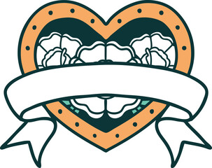 tattoo style icon of a heart and banner with flowers