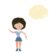 cartoon waving woman wearing spectacles with thought bubble