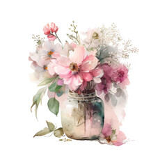 Watercolor bouqet with wild pink and white flowers in vase. Collection magenta flowers, leaves, branches. Design for greetings, card, invitation, flyer, banner.