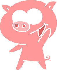 cheerful pig flat color style cartoon