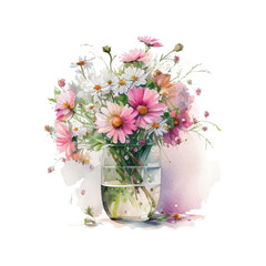 Watercolor bouqet with wild pink and white flowers in vase. Collection magenta flowers, leaves, branches. Design for greetings, card, invitation, flyer, banner.