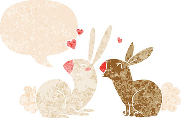 cartoon rabbits in love and speech bubble in retro textured style