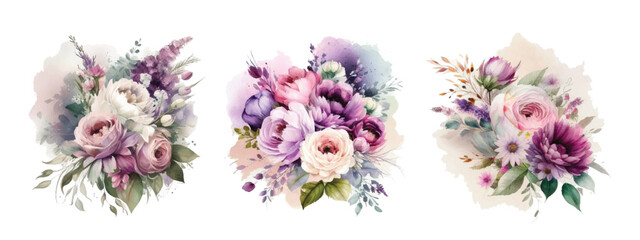 Watercolor flowers bouquets isolated on white background. Stylish fall wedding bunch of flowers.Elements are isolated and editable
