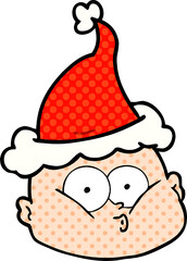 comic book style illustration of a curious bald man wearing santa hat