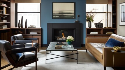 Modern luxury with this editorial-style photo of a cozy living room in New York City, featuring a fireplace, leather and wood furniture, and built-in shelves from West Elm. Created by AI.