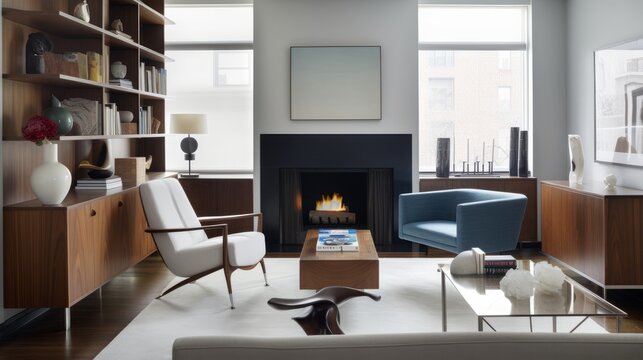 Modern luxury with this editorial-style photo of a cozy living room in New York City, featuring a fireplace, leather and wood furniture, and built-in shelves from West Elm. Created by AI.