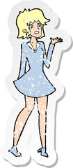 retro distressed sticker of a cartoon pretty woman in dress