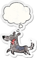 happy dog cartoon and thought bubble as a distressed worn sticker