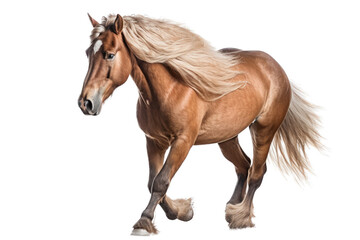 Naklejka na ściany i meble an isolated brown palomino horse running, jumping, side view portrait, equestrian-themed photorealistic illustration on a transparent background cutout in PNG, Generative AI