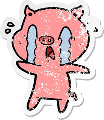 distressed sticker of a crying pig cartoon