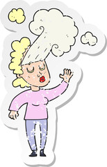 retro distressed sticker of a cartoon woman letting off steam