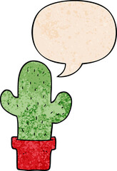 cartoon cactus and speech bubble in retro texture style