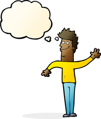 cartoon happy waving man with thought bubble