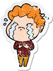 distressed sticker of a cartoon man crying