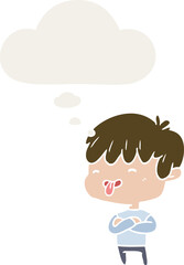 cartoon boy sticking out tongue and thought bubble in retro style