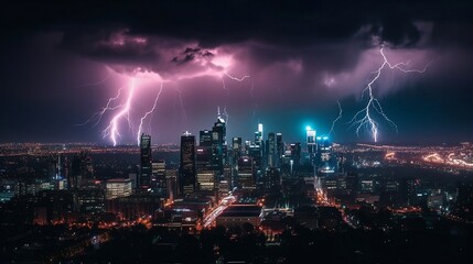 city skyline during a thunderstorm at night