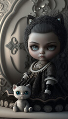 Exclusive cat doll with beautiful long hair, in an expensive outfit. From yarn and lurex. With a little plush kitten. A character for children's books and stories. Created with AI.
