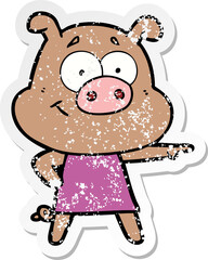distressed sticker of a happy cartoon pig