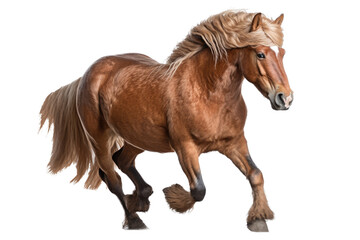 an isolated brown palomino horse running, jumping, side view portrait, equestrian-themed photorealistic illustration on a transparent background cutout in PNG, Generative AI