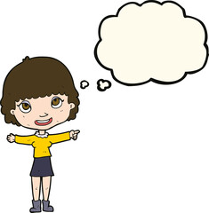 cartoon happy woman pointing with thought bubble