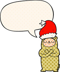 cartoon bear wearing christmas hat and speech bubble in comic book style