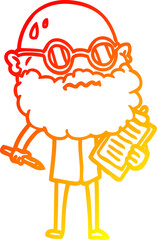 warm gradient line drawing cartoon worried man with beard and sunglasses taking survey