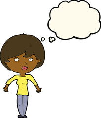 Obraz premium cartoon woman shrugging shoulders with thought bubble