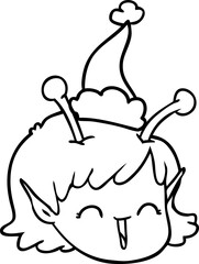 line drawing of a alien space girl face wearing santa hat