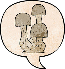 cartoon mushroom and speech bubble in retro texture style