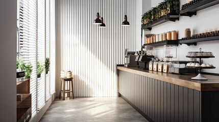 Sunlit Cafe Design with Corrugated Counter, Cake Display Fridge and Plants Created Using Generative AI