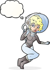 cartoon space woman with thought bubble
