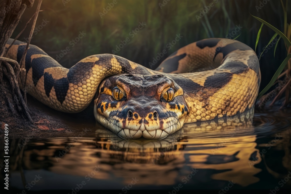 Poster reticulated python (python reticulatus) in the water, generative ai