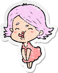 distressed sticker of a cartoon girl pulling face