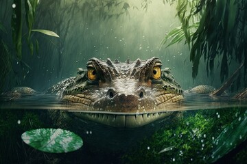 Fototapeta premium Crocodile swimming in the pond. 3Generative AI
