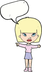 cartoon woman pointing with speech bubble