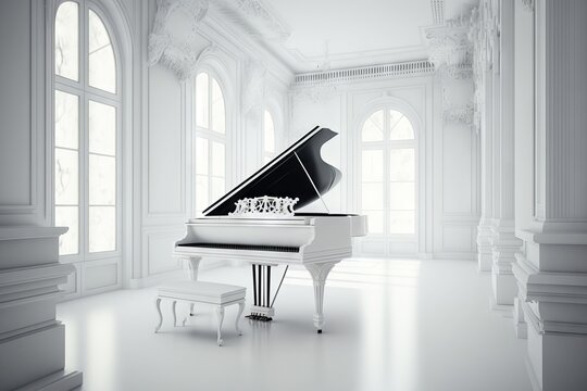White grand piano in classic interior. Generative AI