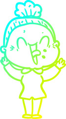 cold gradient line drawing cartoon happy old woman