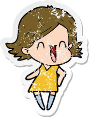 distressed sticker of a cartoon happy woman