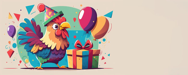 Animal postcard, chicken in a party hat, confetti balloons, brush-drawn style, congratulation, celebration, happy birthday, generative ai