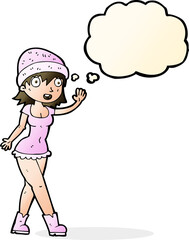 cartoon pretty girl in hat waving with thought bubble